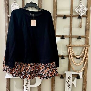 BloomChic Black Long-Sleeve Top with Floral Ruffle Hem